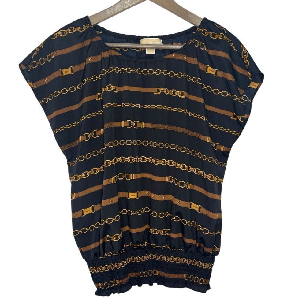Vintage Michael Kors Equestrian Print Blouse size Large Navy Blue Cap Sleeve